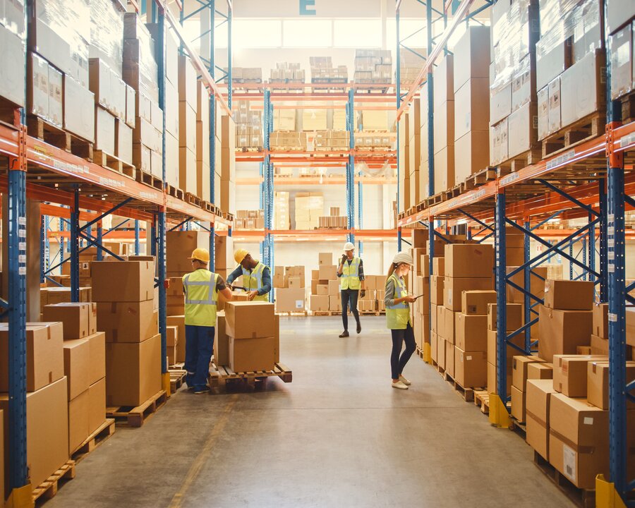 Photo of a warehouse filled with boxes and four people working in it.