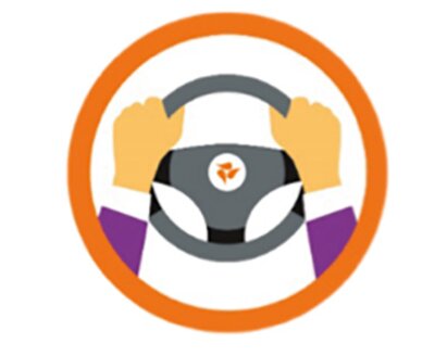 Das Symbol Working at Medela zeigt eine Person, die ein Autolenkrad mit dem Medela-Logo in der Hand hält.
