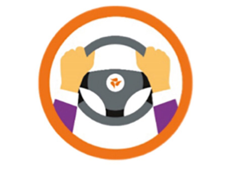 Working at Medela icon shows a person holding a car steering wheel with the Medela logo on it.