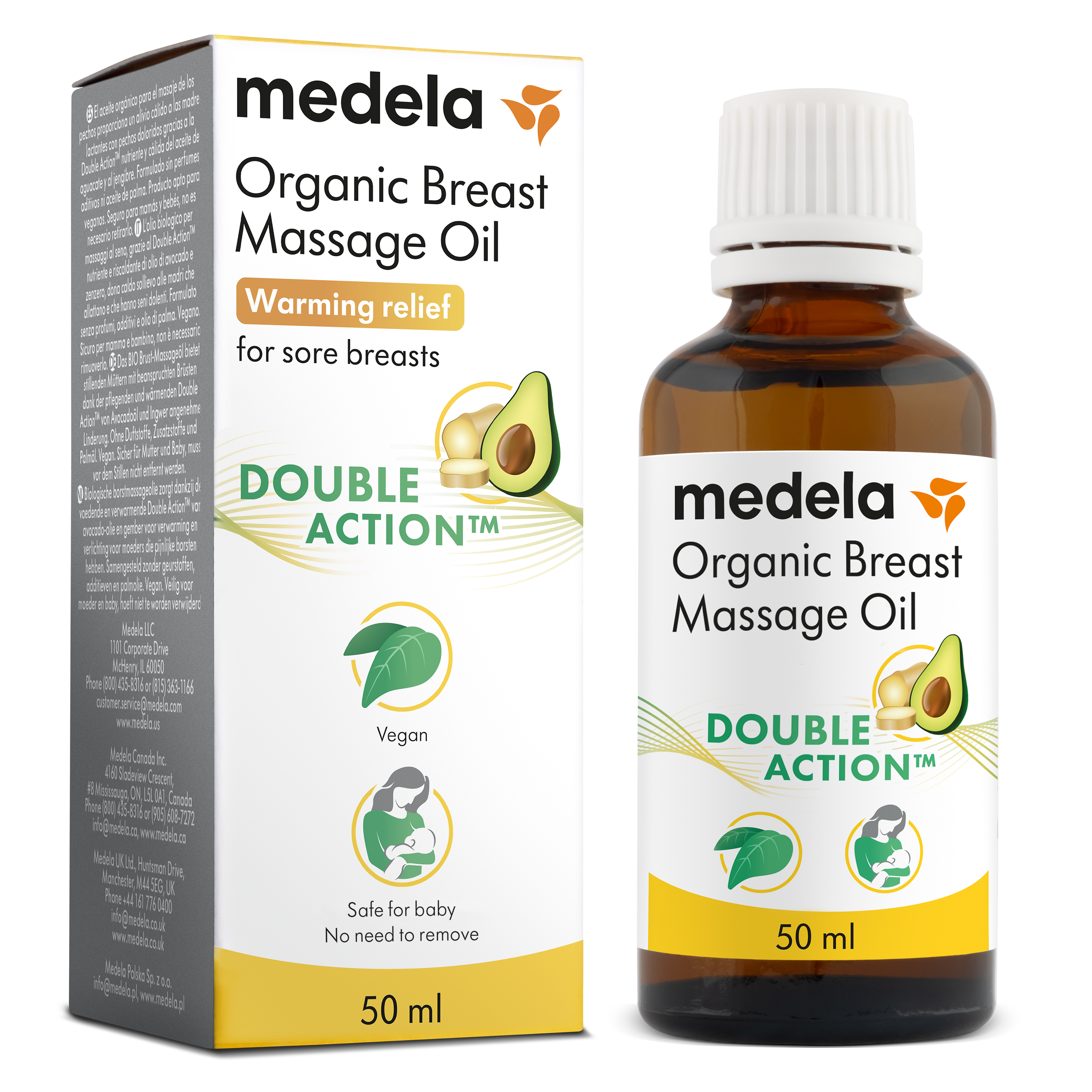 Eine 50-ml-Flasche Brustmassageöl von Medela neben der Verkaufsverpackung.