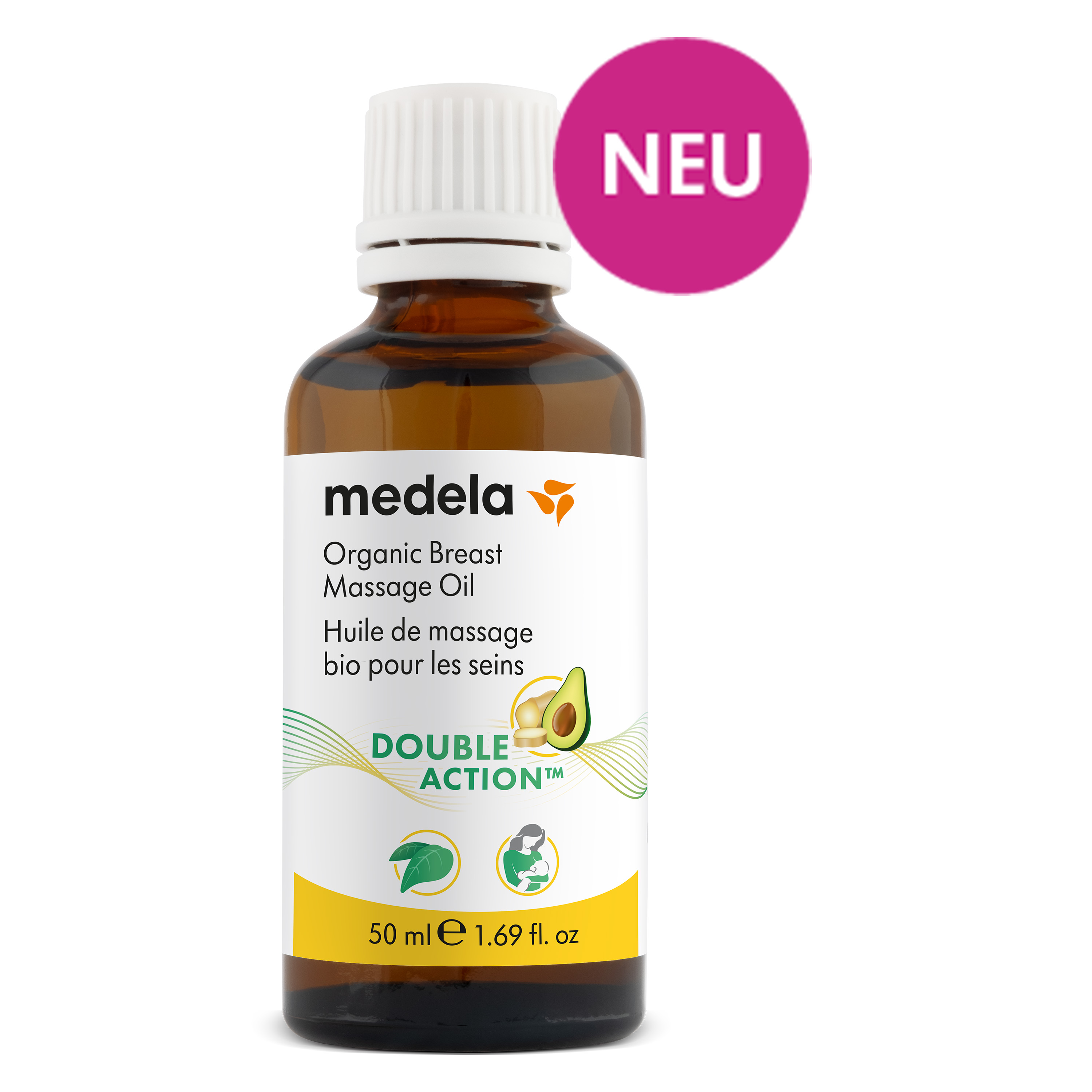 Eine ungeöffnete 50ml Flasche Medela Bio-Brustmassageöl. Enthält Text: „Neu“