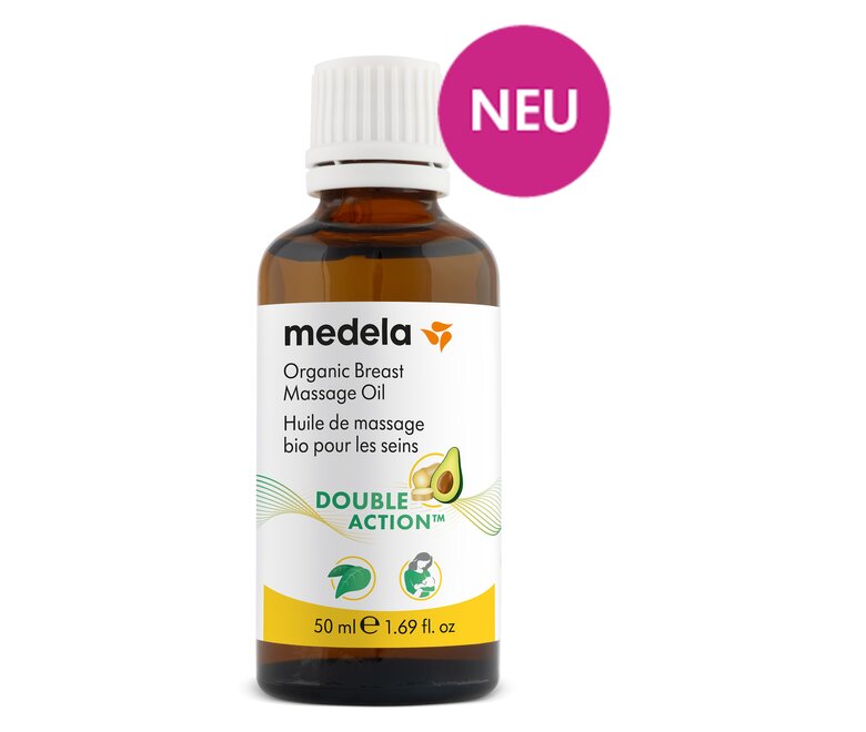 Eine ungeöffnete 50ml Flasche Medela Bio-Brustmassageöl. Enthält Text: „Neu“