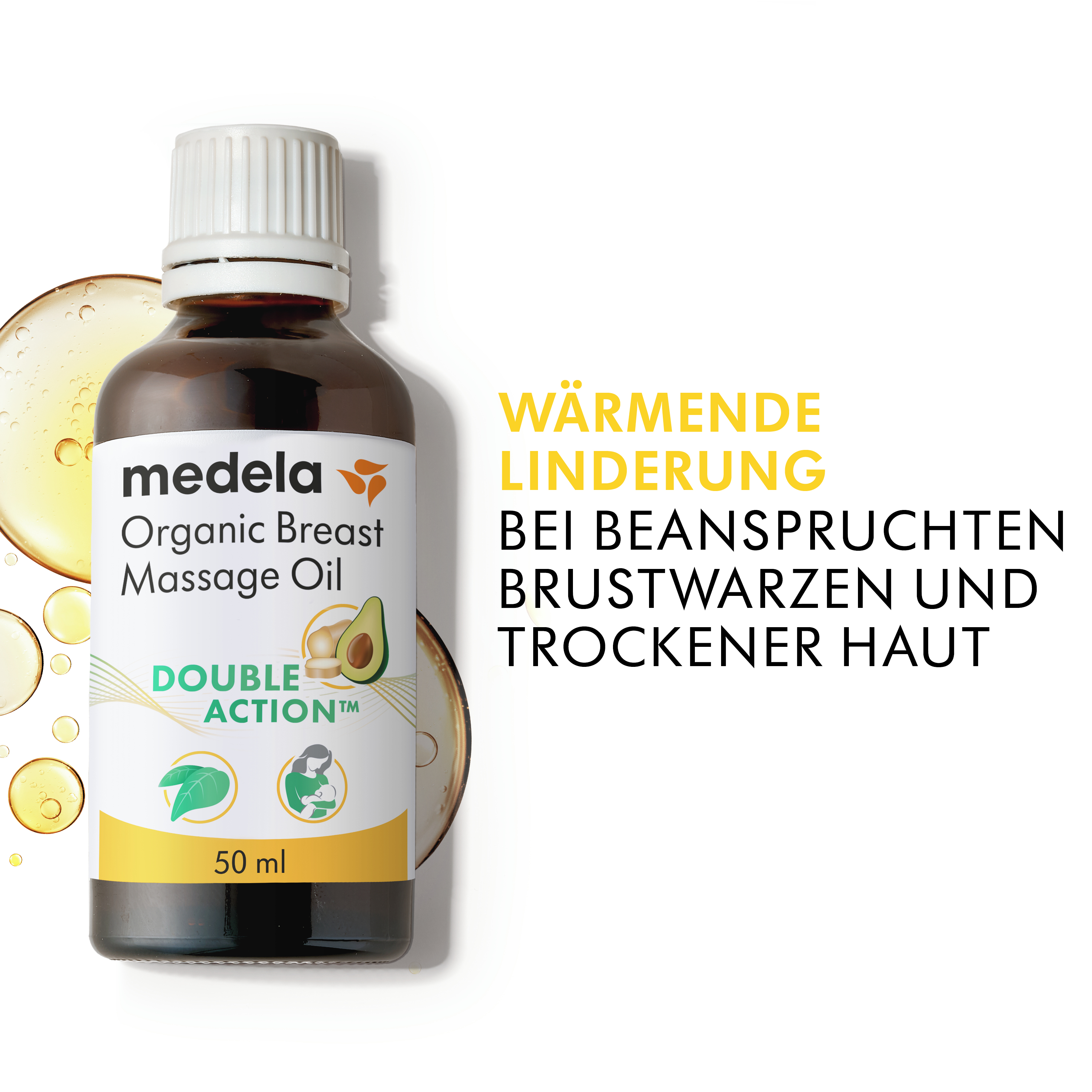 Eine ungeöffnete 50ml Flasche Medela Organic Breast Massage Oil und Text. Der Text lautet: „Wärmende Linderung bei beanspruchten Brustwarzen und trockener Haut".