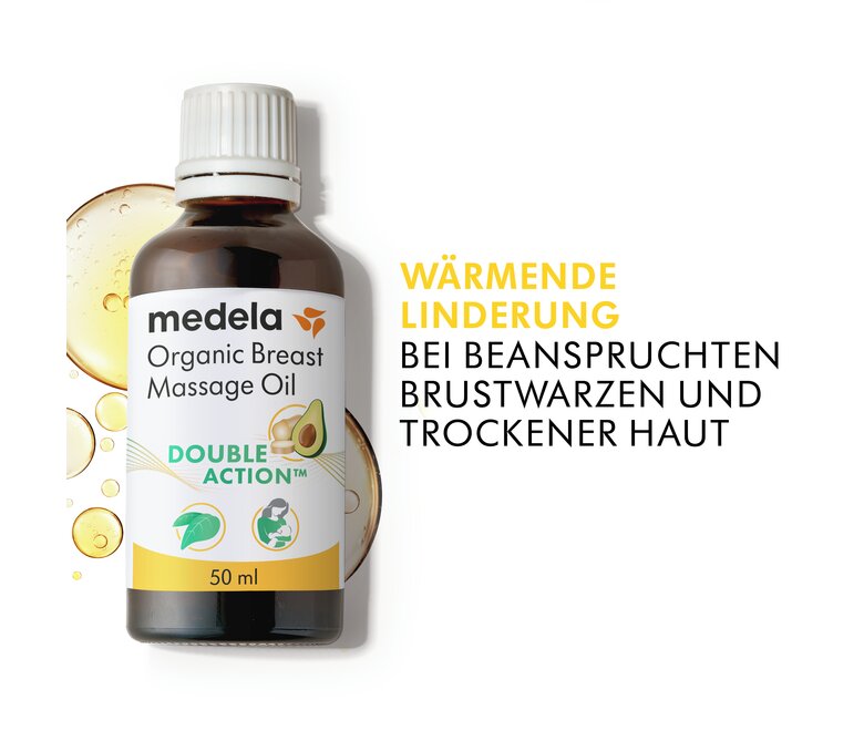 Eine ungeöffnete 50ml Flasche Medela Organic Breast Massage Oil und Text. Der Text lautet: „Wärmende Linderung bei beanspruchten Brustwarzen und trockener Haut".