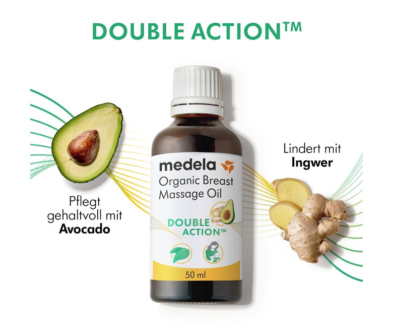Eine ungeöffnete 50ml Flasche Medela Organic Breast Massage Oil mit abgebildeten Inhaltsstoffen und Text. Der Text lautet: "Double Action™“, "Pflegt gehaltvoll mit Avocado", "Lindert mit Ingwer".