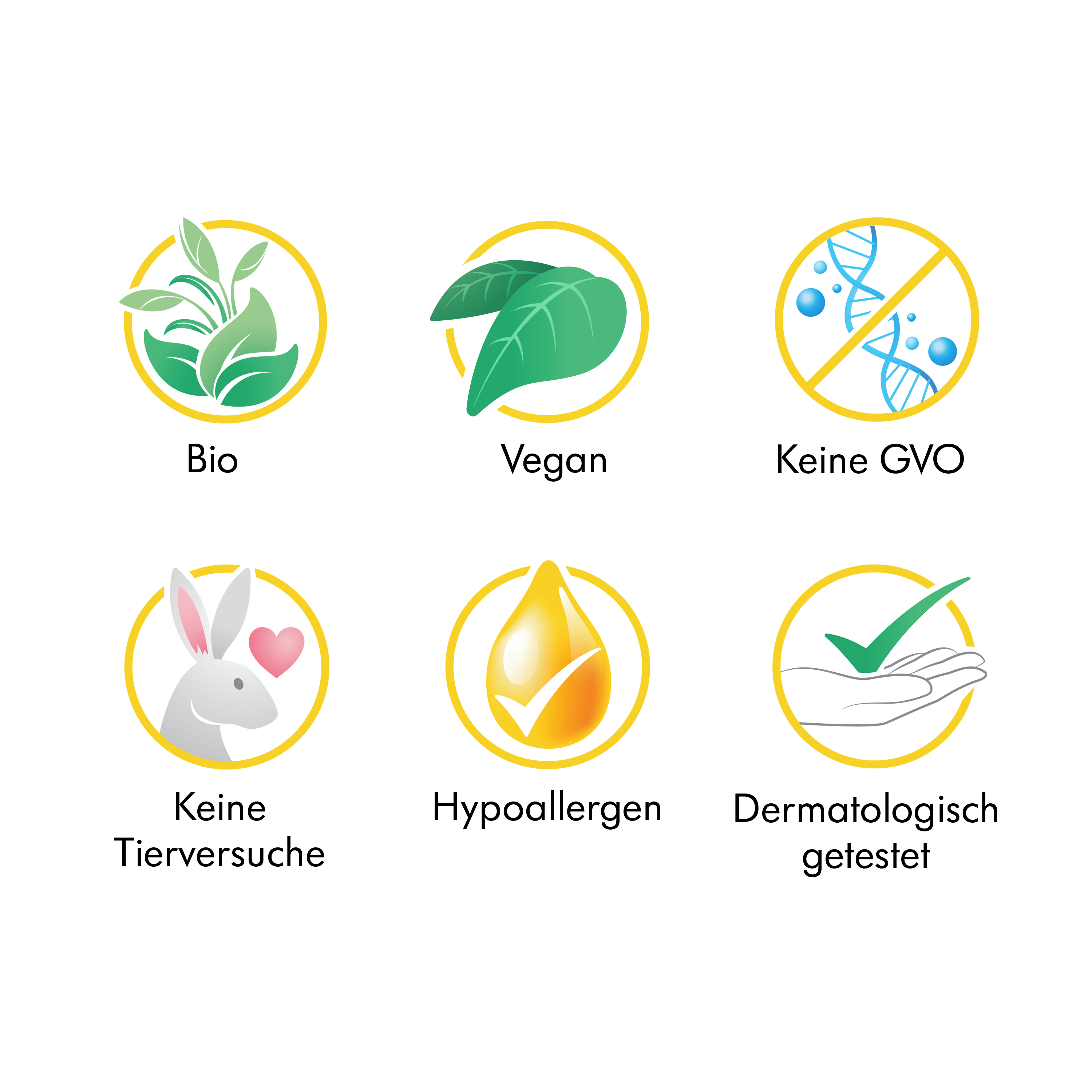 Eine grafische Darstellung der Inhaltsstoffe der Medela Organic breast care essentials Produktlinie. Text: „Bio“, ‚Vegan‘, ‚Keine GVOs', 'Keine Tierversuche', 'Hypoallergen', 'Dermatologisch getestet'