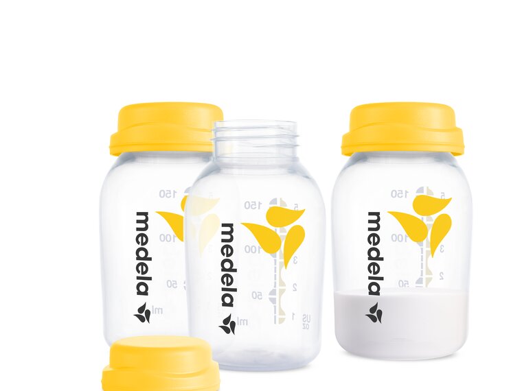 Medela Muttermilchaufbewahrungsflaschen 150ml mit Manschetten und Scheiben, 3er-Pack