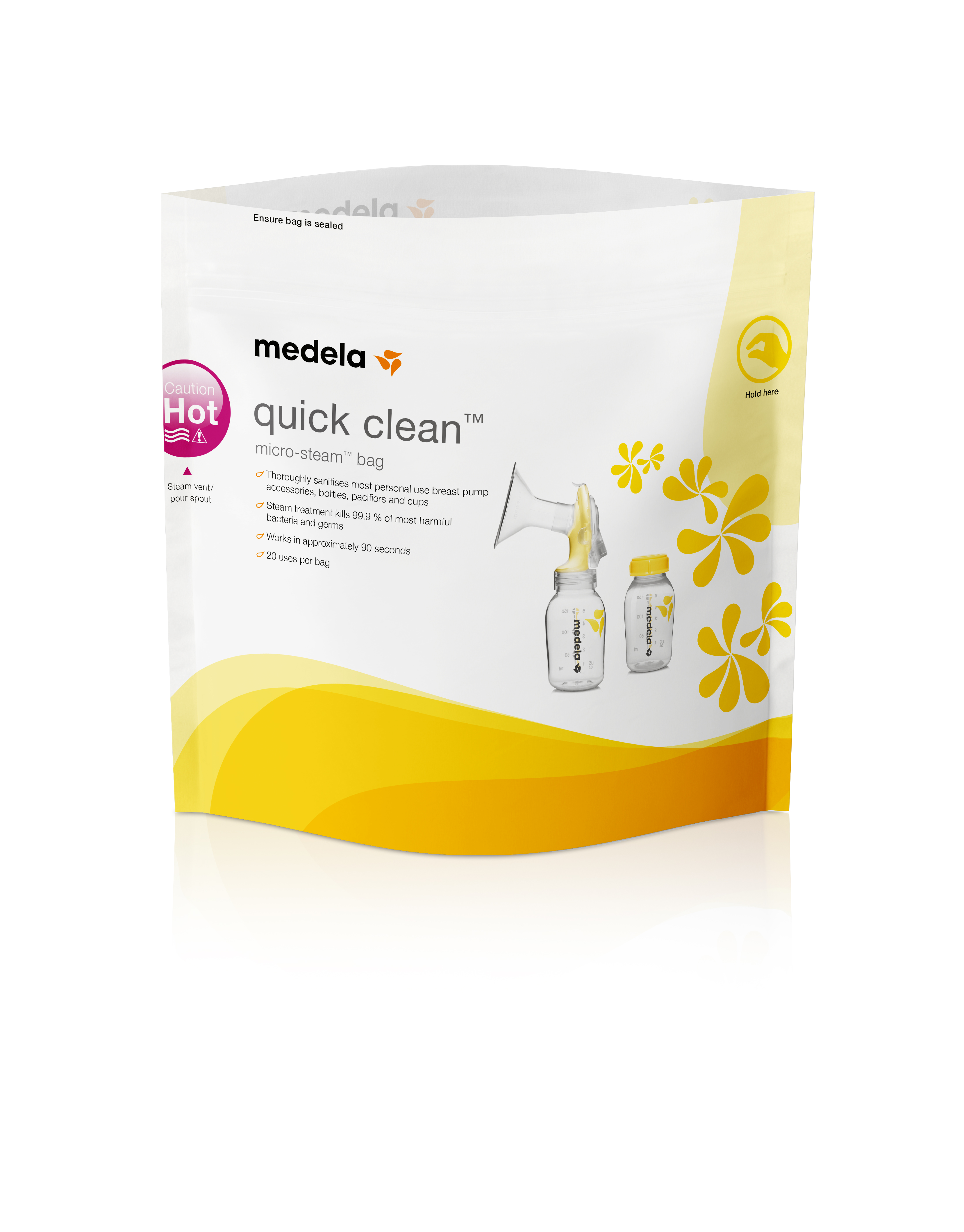 Die Vorderseite eines Medela Quick Clean™ Mikrowellenbeutels™.