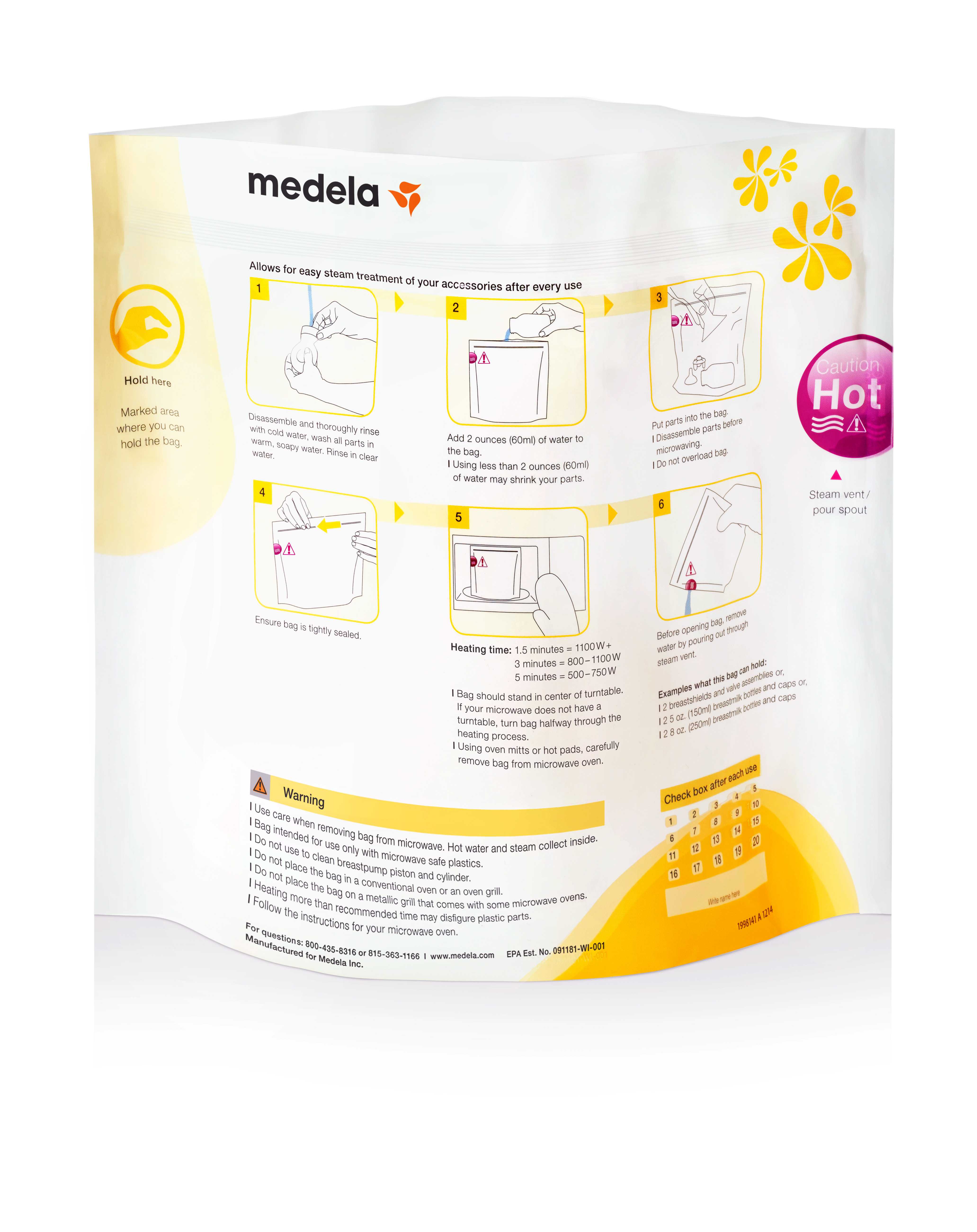 Die Rückseite eines Medela Quick Clean™ Mikrowellenbeutels.