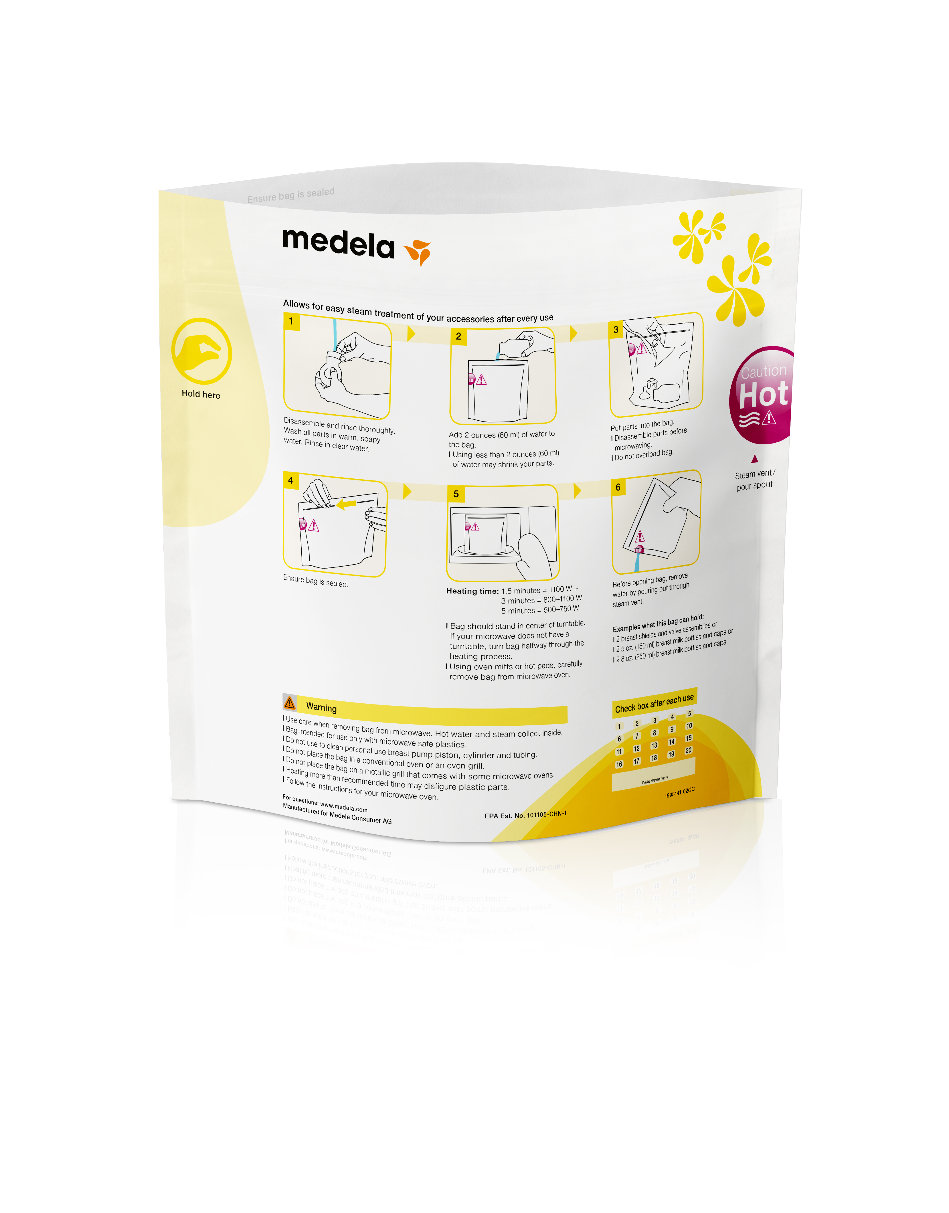 Die Rückseite eines Medela Quick Clean™ Mikrowellenbeutels.