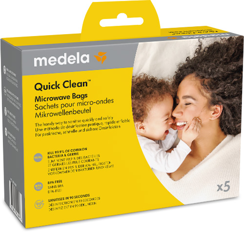 Einzelhandelsverpackung für Medela Quick Clean™ Mikrowellenbeutel, 5er-Pack.