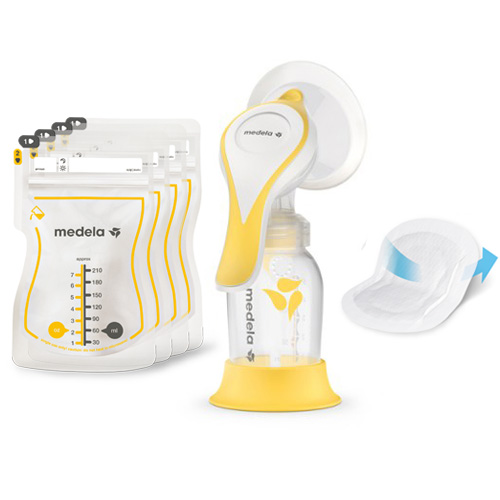 The Medela Harmony™ essentials pack manual breast pump set with pump, 4x milk storage bags and 4x ultra-breathable nursing pads.