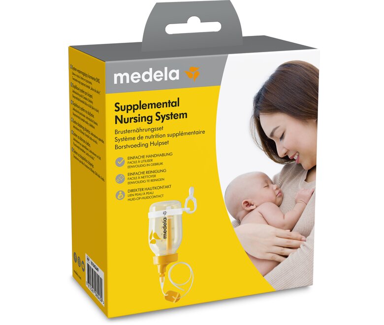 Front view of the retail packaging for the Supplemental Nursing System (SNS).