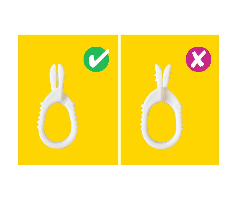 Ein Vergleich der richtigen und falschen Verwendung des weißen Plastikclips aus dem Supplemental Nursing System (SNS).