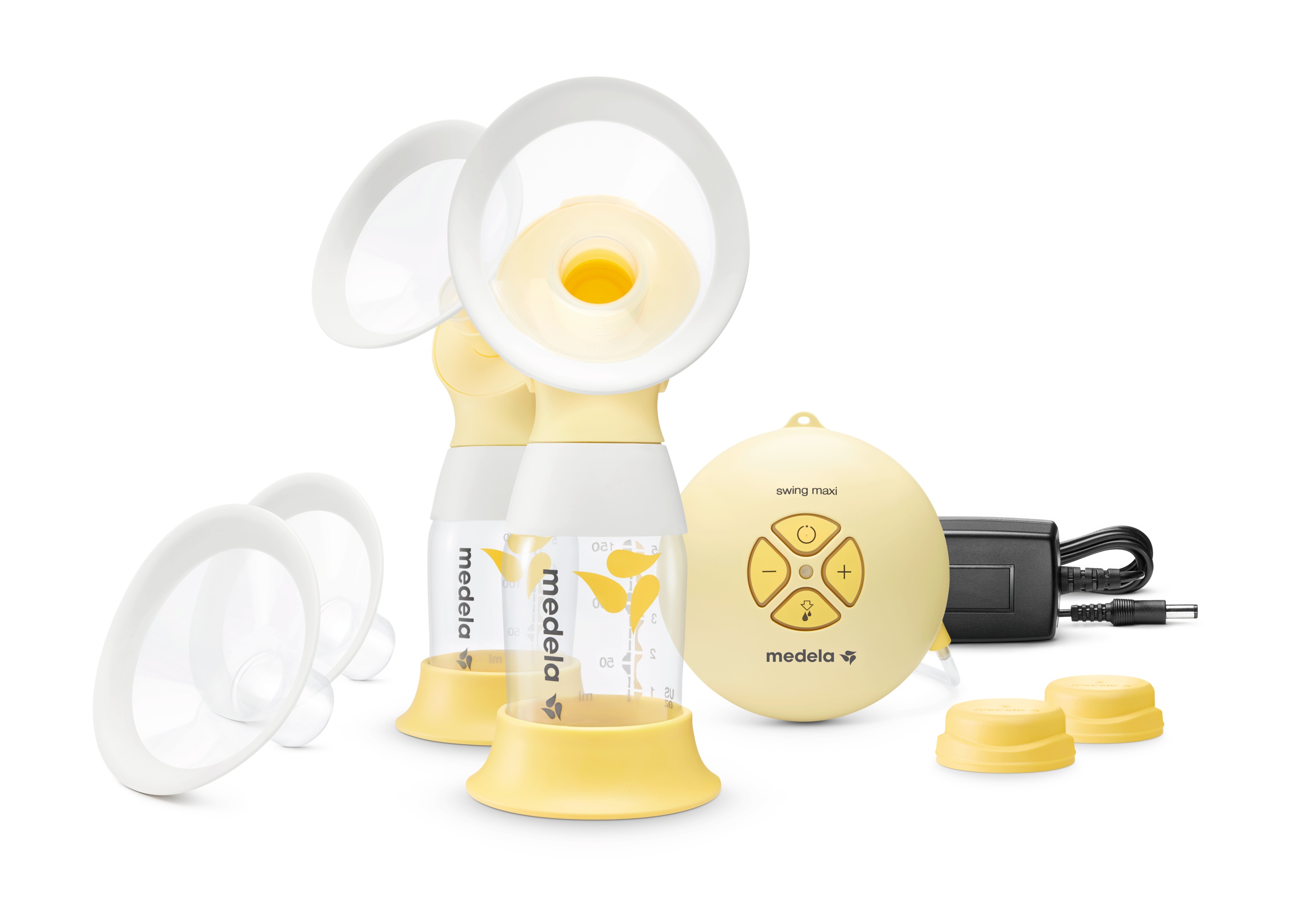 The Medela Swing Flex™ Two-phase electric breast pump with PersonalFit Flex™ double pumping kit, bottle stand x2 and power adaptor.