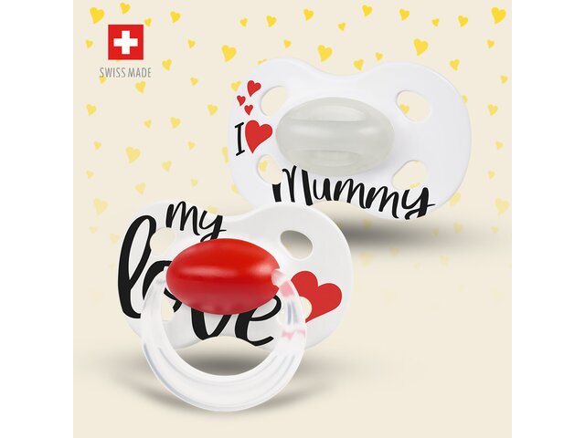 The signature love collection of the Medela baby Original dummy with SensoPearls™, 2x. Includes "Swiss Made" icon and text.