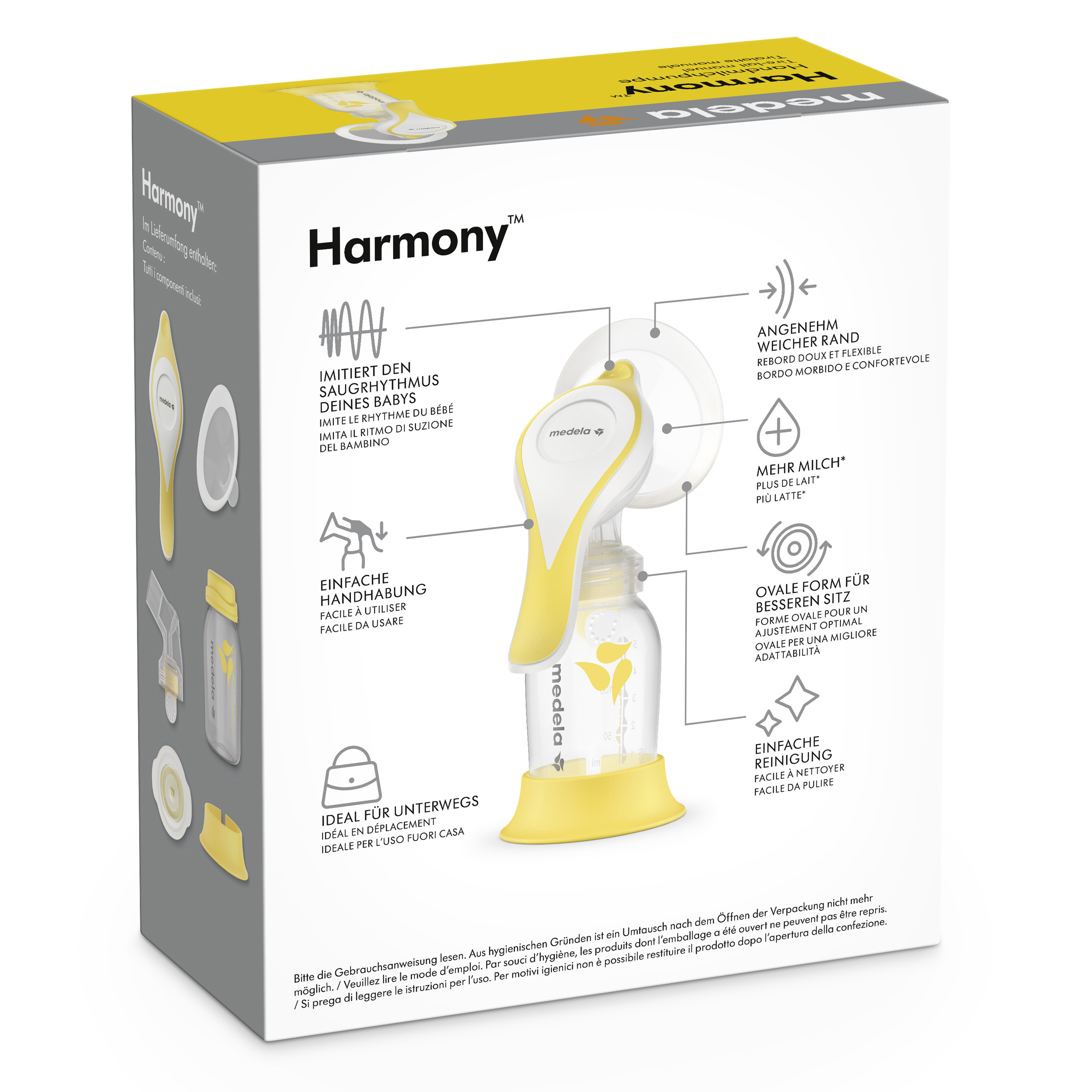 Emballage de vente au détail du tire-lait manuel Medela Harmony™, vue arrière.
