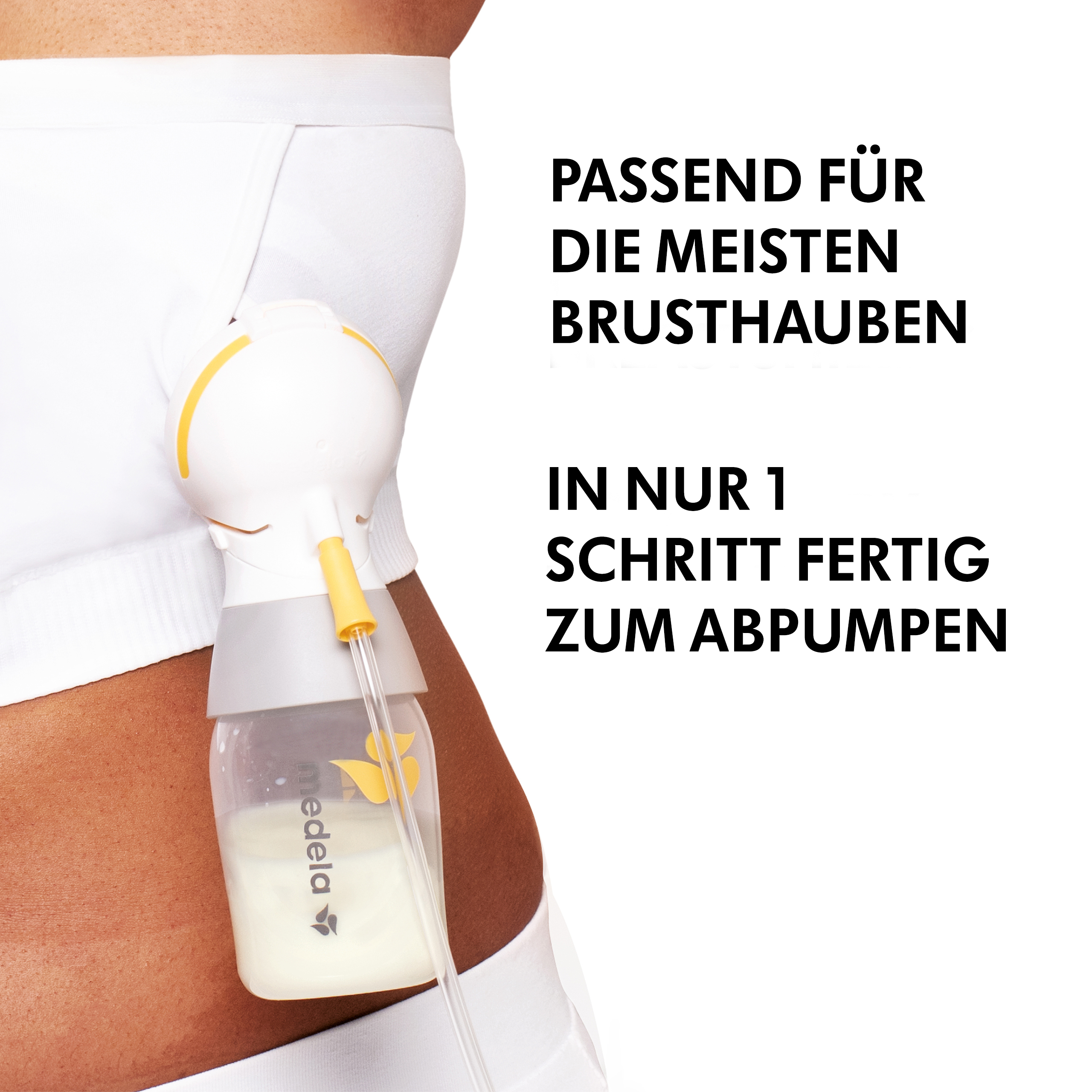 Das Hands-free™ Pumping Bustier in weiß mit Text "Passend für die meisten Brusthauben" und "in nur 1 schritt fertig zum abpumpen".