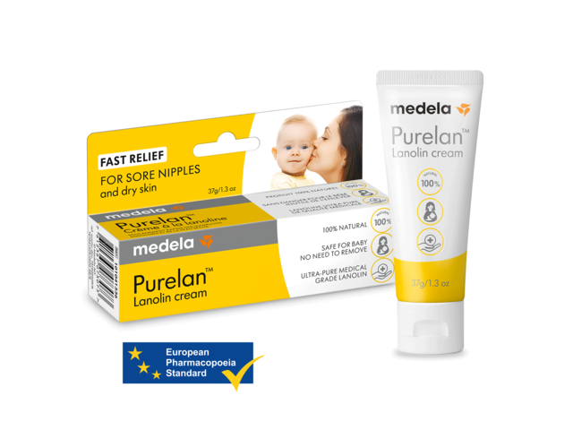 A 37g tube of Purelan™ lanolin cream from Medela next to its retail packaging. Also includes text "European Pharmacopoeia Standard".