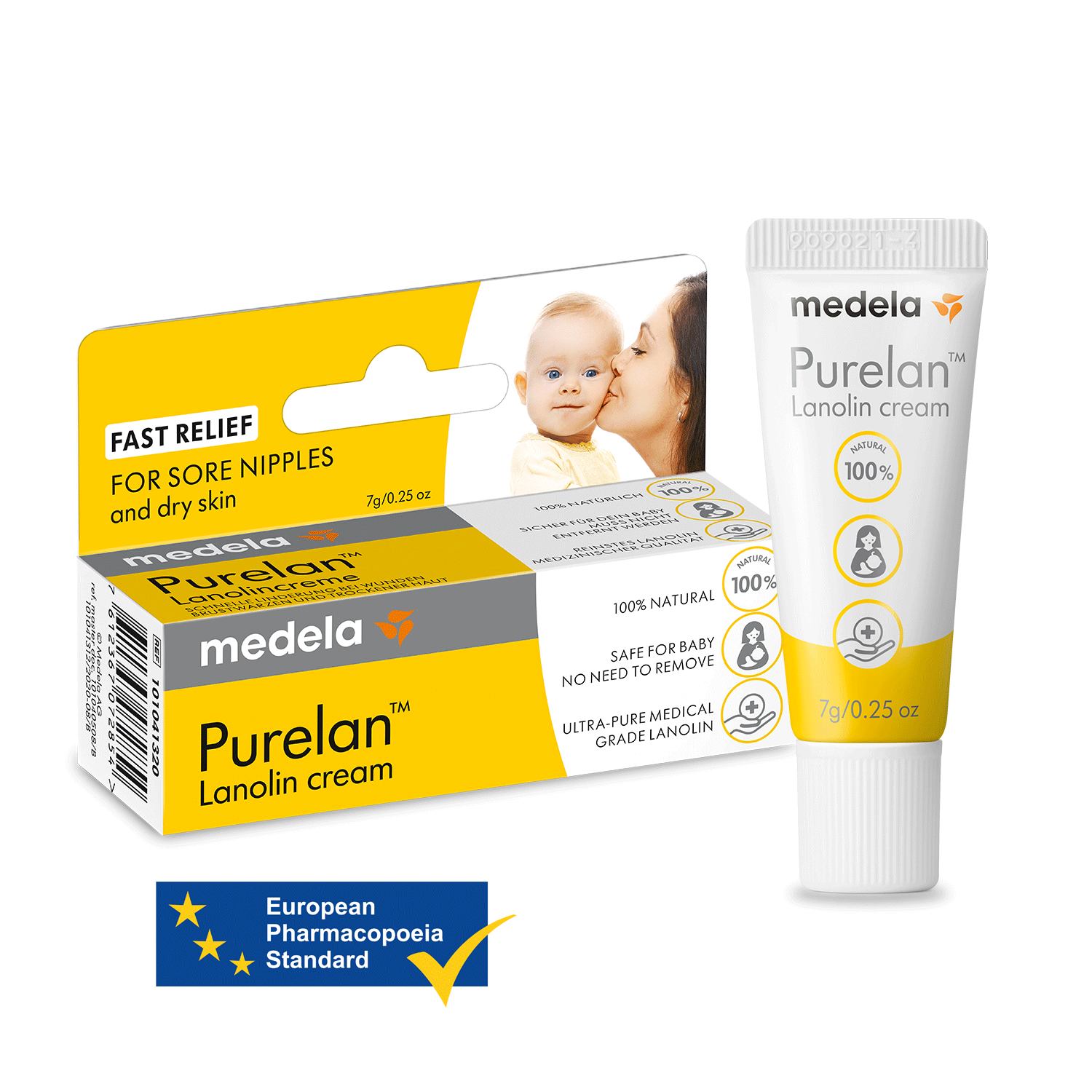 Un tubetto da 7 g di crema alla lanolina Purelan™ di Medela accanto alla sua confezione al dettaglio. Include anche il testo “European Pharmacopoeia Standard”.