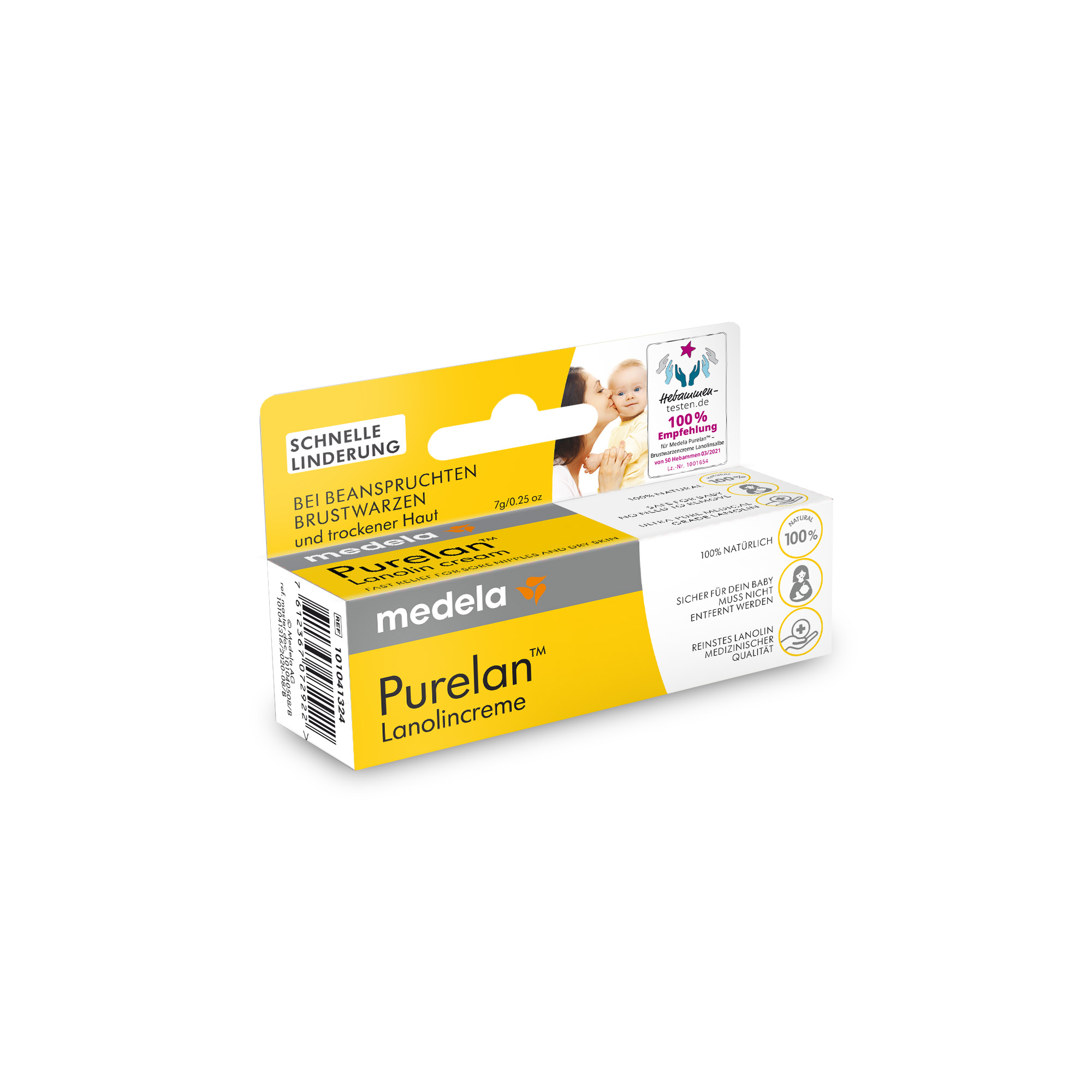 Einzelhandelsverpackung für eine 7g Purelan™ Lanolincreme.