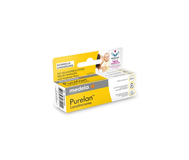 Einzelhandelsverpackung für eine 7g Purelan™ Lanolincreme.