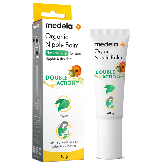 Un tubetto da 40 g di crema per capezzoli biologica di Medela accanto alla confezione di vendita.