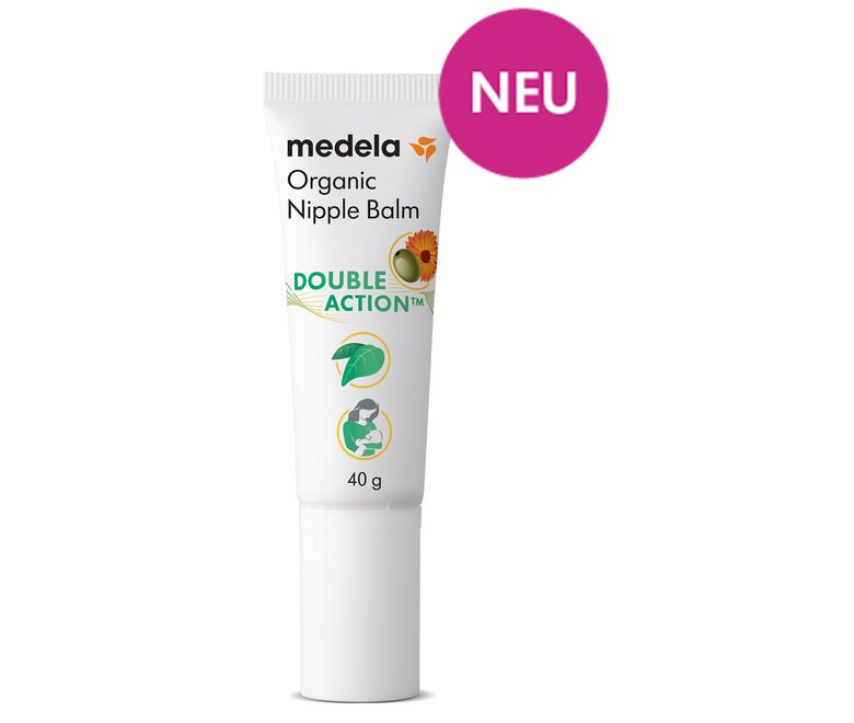 Eine ungeöffnete 40g Tube Medela Organic Nipple Cream mit einem magentafarbenen Etikett: „NEU“.