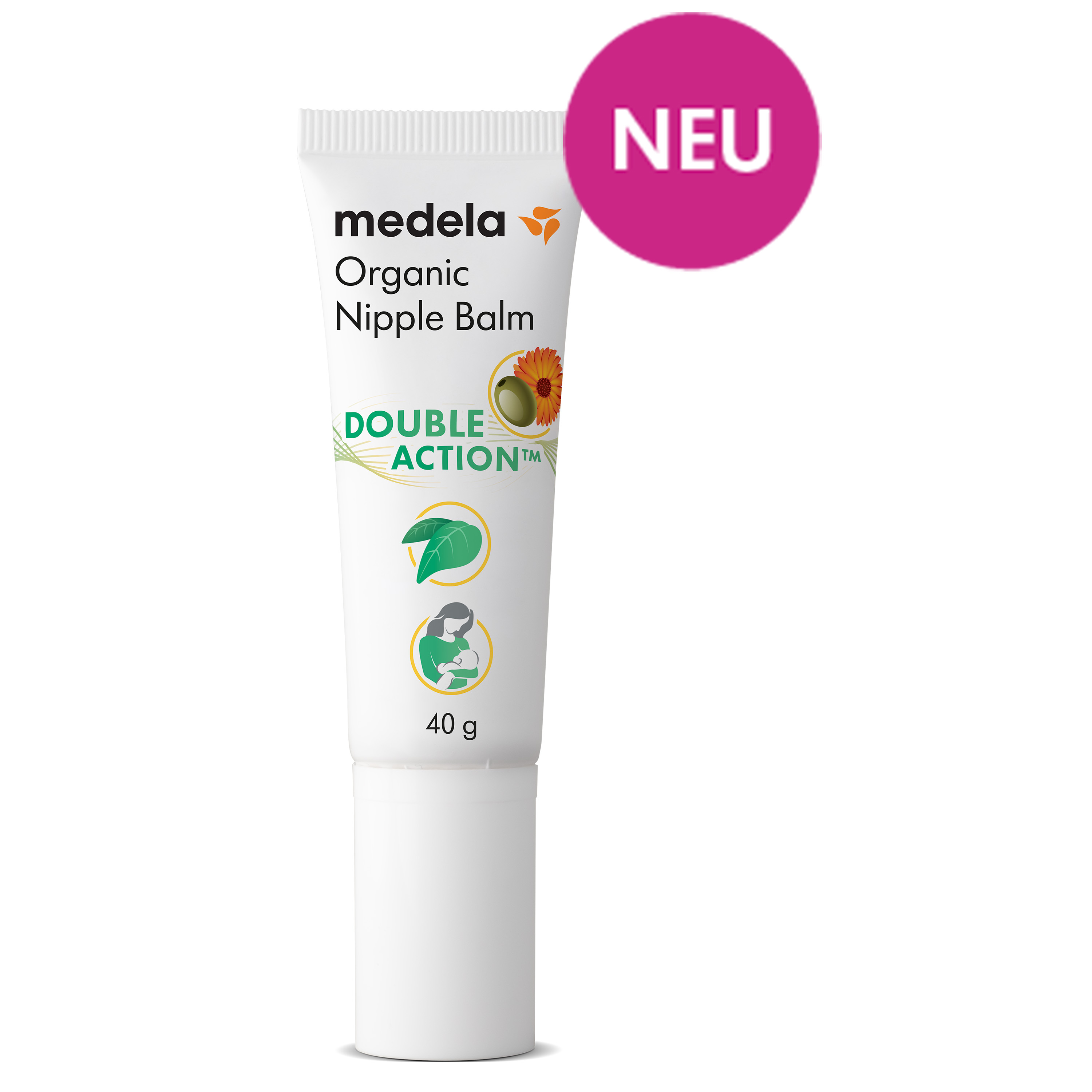 Eine ungeöffnete 40g Tube Medela Organic Nipple Cream mit einem magentafarbenen Etikett: „NEU“.