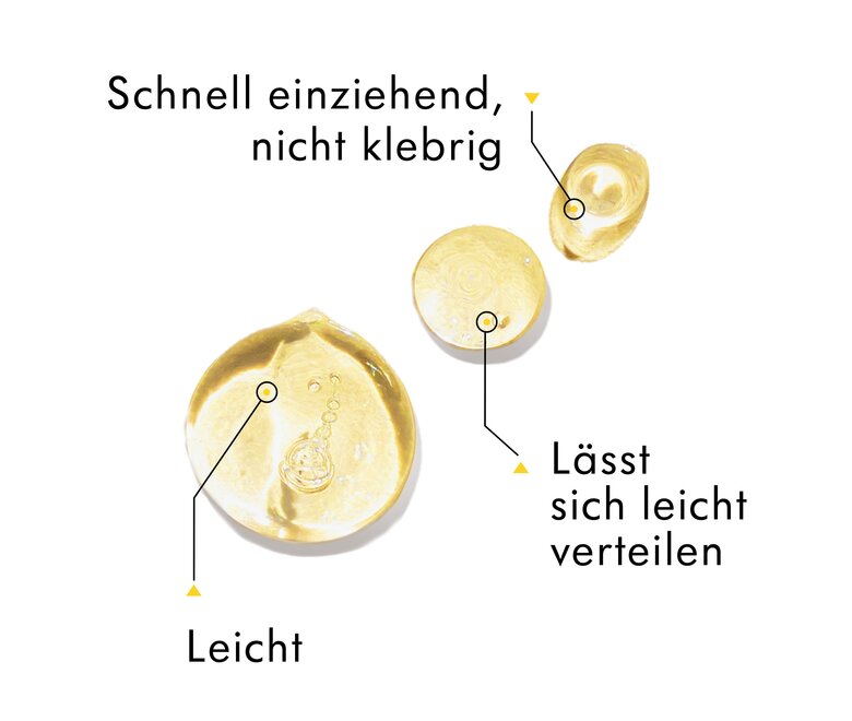 Die Tröpfchen der Medela Veganer Bio-Brustwarzencreme sind mit dem beschreibenden Text „Schnell einziehend, nicht klebrig“, „Lasst sich leicht verteilen“, „Leicht“.