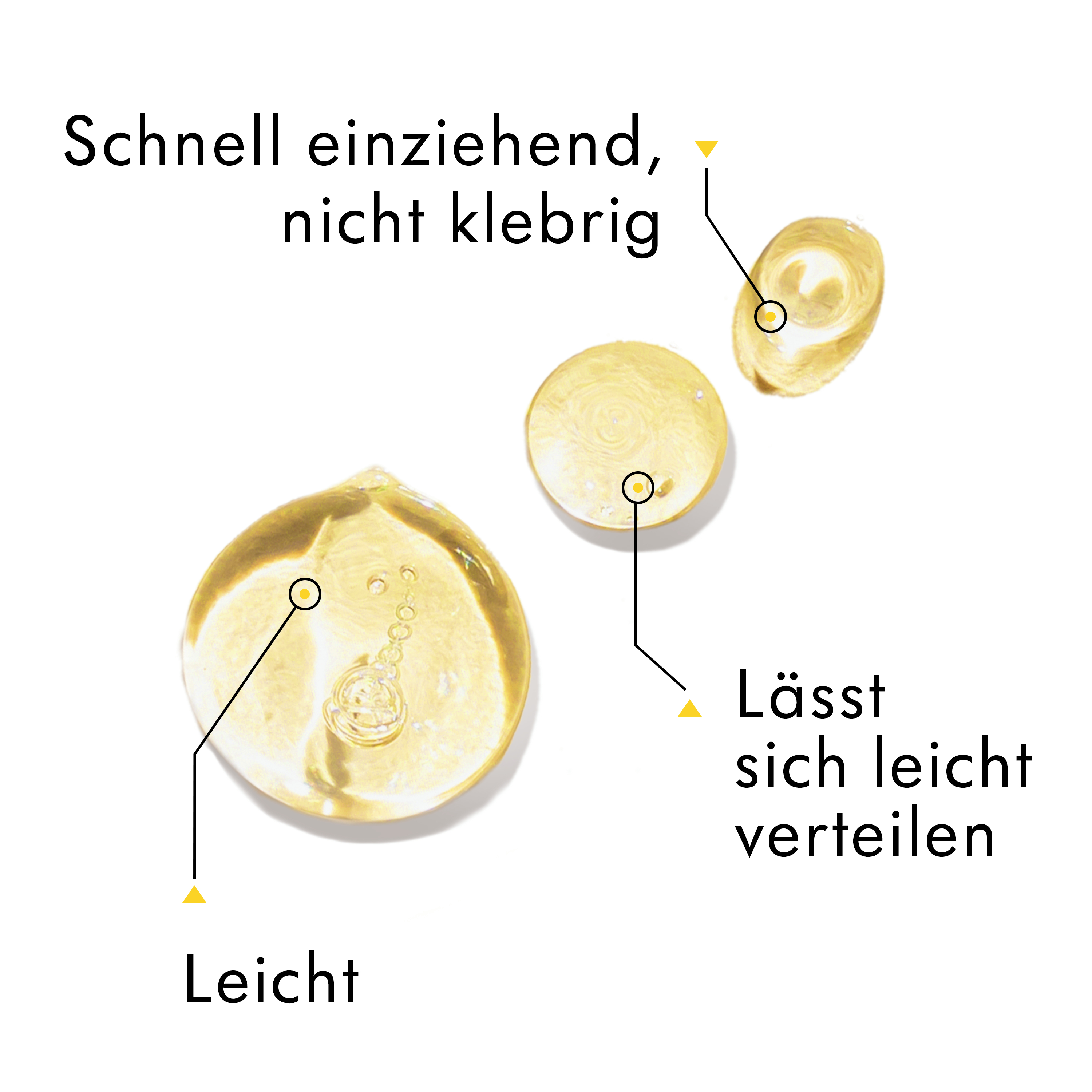 Die Tröpfchen der Medela Veganer Bio-Brustwarzencreme sind mit dem beschreibenden Text „Schnell einziehend, nicht klebrig“, „Lasst sich leicht verteilen“, „Leicht“.