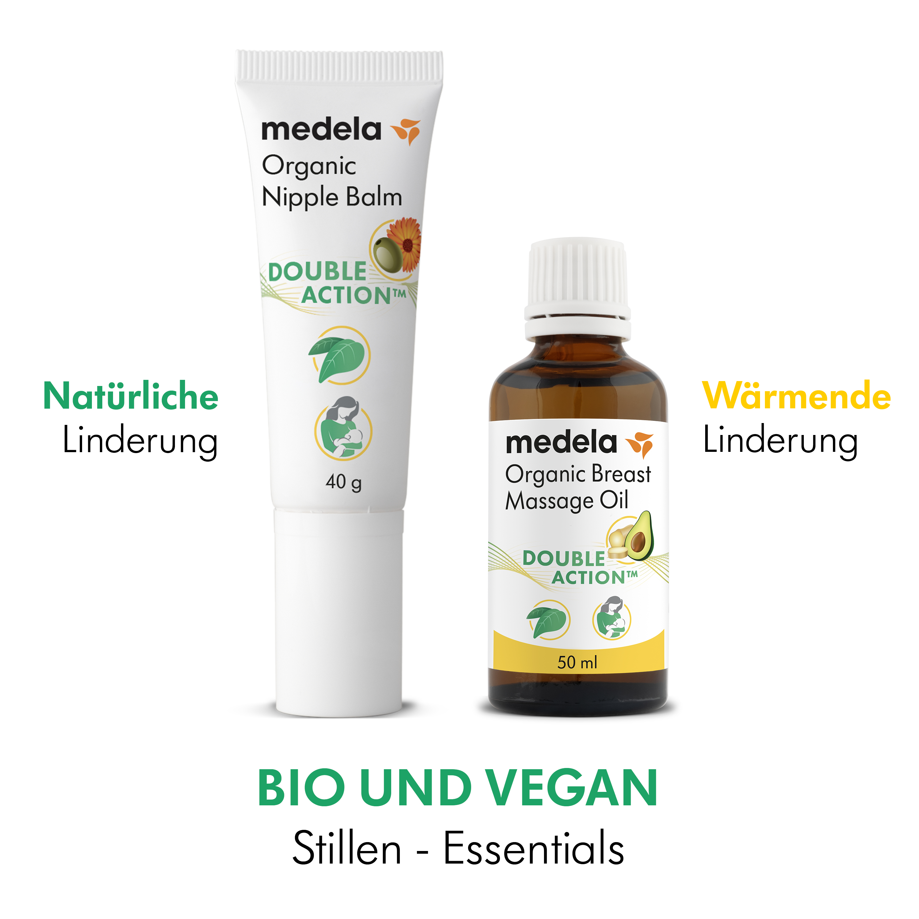 Eine 40g Medela Bio-Brustwarzencreme und 50ml Bio-Brustöl. Textüberschrift: „Natürliche Linderung“, ‚Wärmende Linderung‘, ‚Bio und Vegan‘.