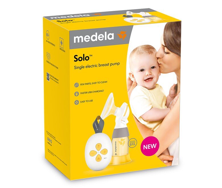 Confezione di vendita al dettaglio del tiralatte elettrico singolo Medela Solo™.