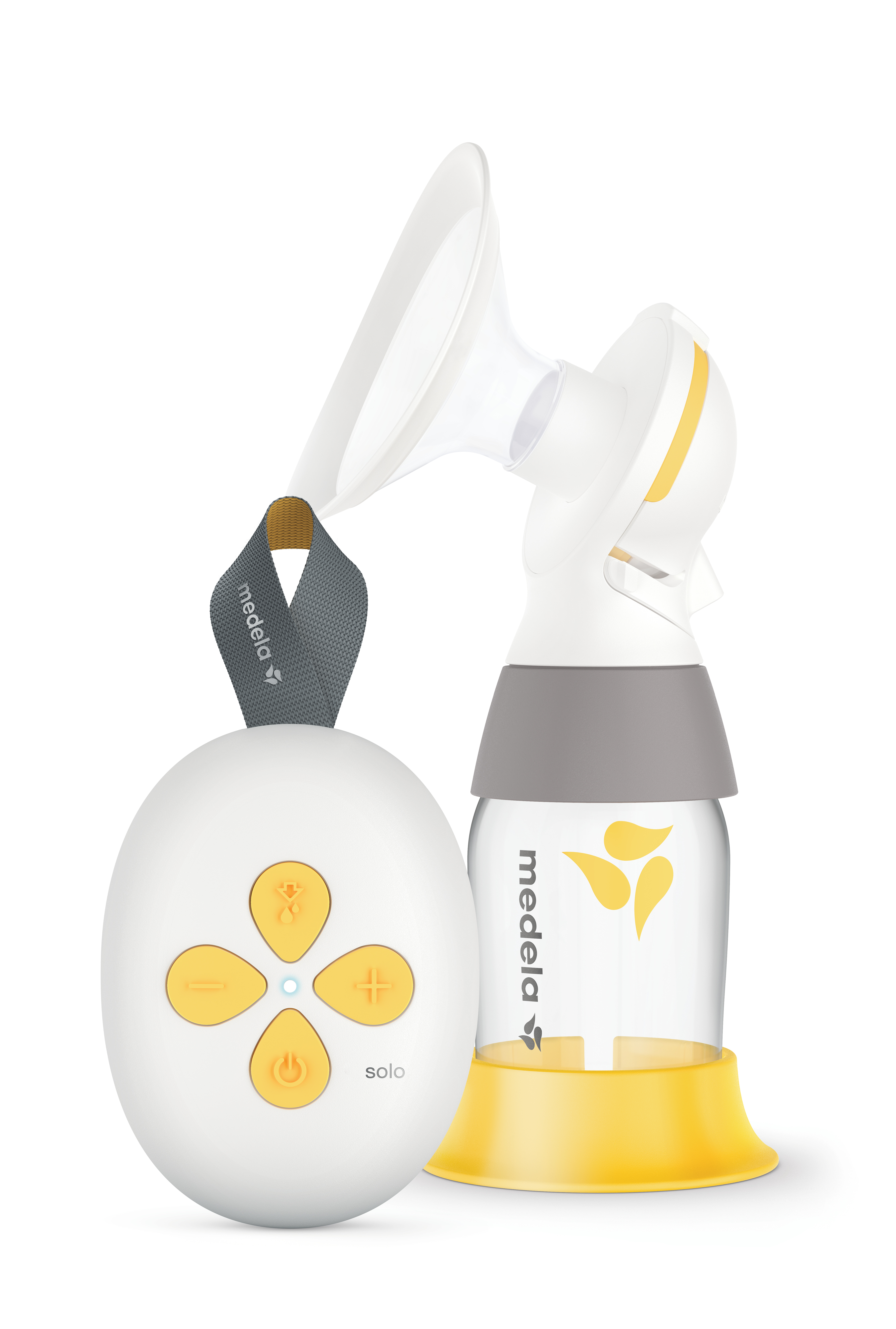 Tiralatte elettrico singolo a mani libere Medela Solo™ con contenitore di raccolta tradizionale.