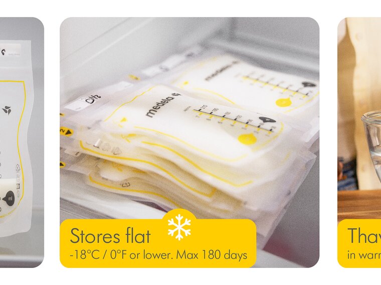 Medela breast milk bags stored upright in the refrigerator, flat in the freezer and thawing gently in warm water.