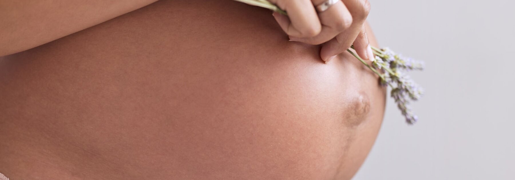 Eine schwangere Mutter steht und hält Lavendel auf ihren Babybauch.