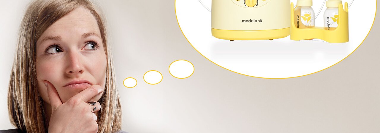 Eine Frau mit einer Gedankenblase neben ihrem Kopf, die darüber nachdenkt, eine Medela Symphony® Milchpumpe mit Milchpumpenkit zu mieten.