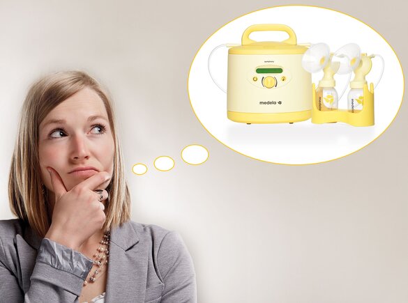 Eine Frau mit einer Gedankenblase neben ihrem Kopf, die darüber nachdenkt, eine Medela Symphony® Milchpumpe mit Milchpumpenkit zu mieten.