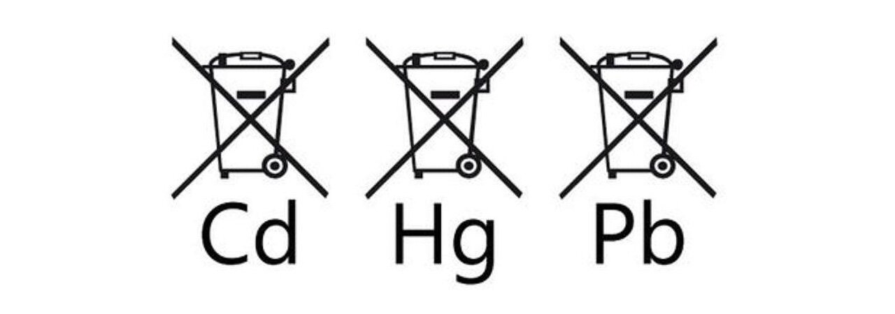 L'icône représente trois poubelles surmontées d'une croix.  La première correspond à « Cd » pour le cadmium, la deuxième à « Hg » pour le mercure et la troisième à « Pb » pour le plomb.