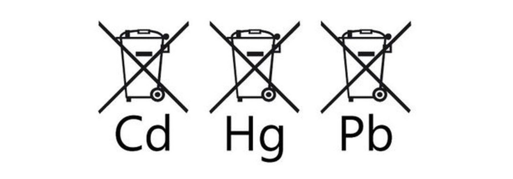 Das Symbol zeigt drei Mülleimer mit einem X darüber.  Die erste ist „Cd“ für Cadmium, die zweite ist „Hg“ für Quecksilber und die dritte ist für „Pb“ für Blei.
