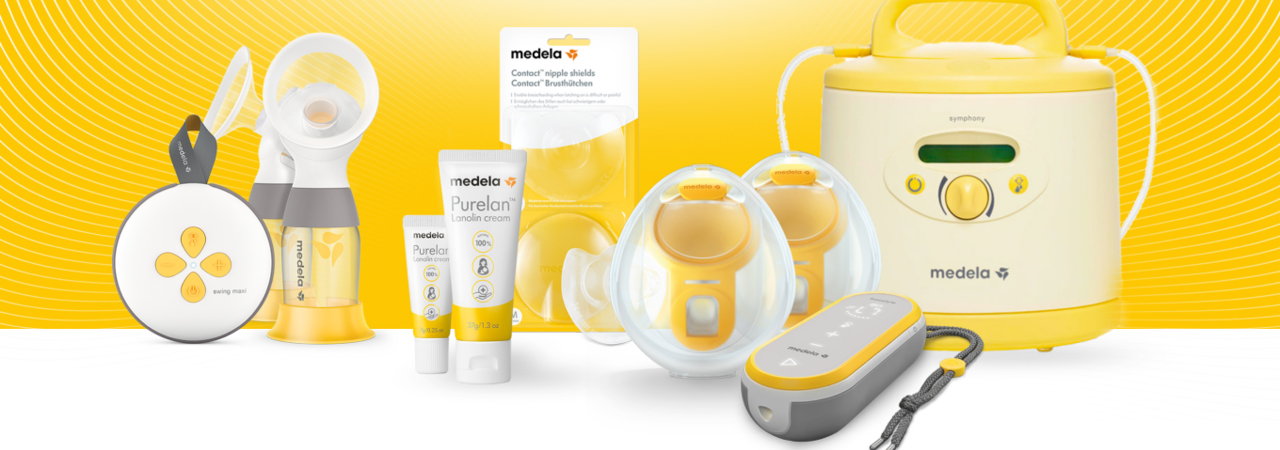 Surtido de productos Medela que incluye el Swing Maxi™, los protectores mamarios PersonalFit Flex™ con recipientes de recogida, Purelan™, los protectores de pezones Contact™, los vasos de recogida manos libres, Freestyle™ Flex y el extractor Symphony®.
