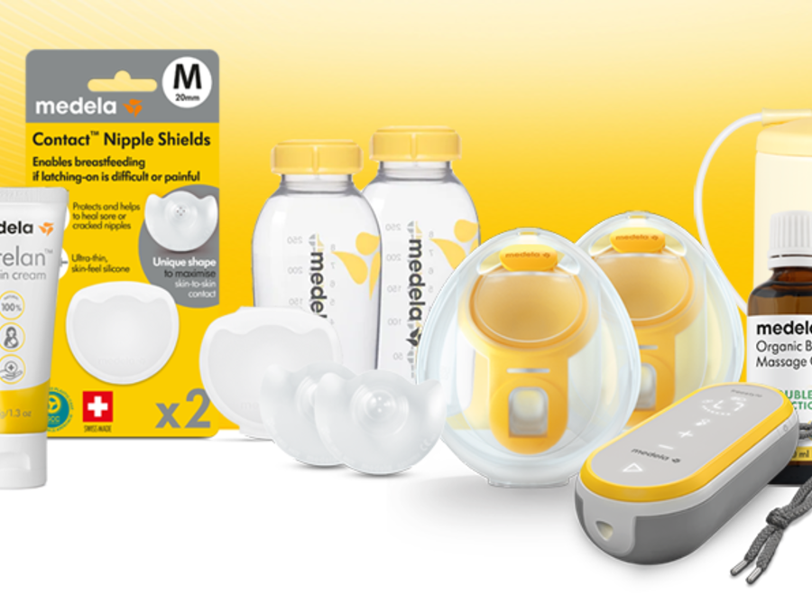 Medela product assortment including the Swing Maxi, breastshields with collection containers, Purelan, Contact Nipple Shields, Nursing Pads, Hands-free Collection Cups, Freestyle Flex, Organic Breast Massage Oil, and the Symphony Pump.